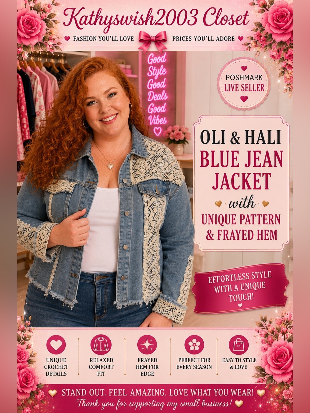 Oli & Hali Blue Jean Jacket with Unique Pattern and Frayed Hem
